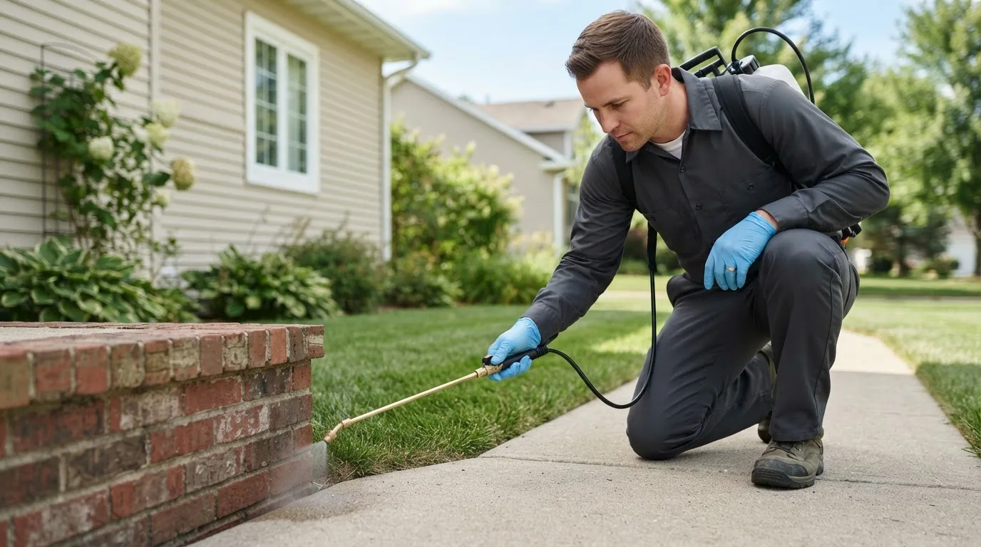 Pest control technician treating a home near Paxico, KS