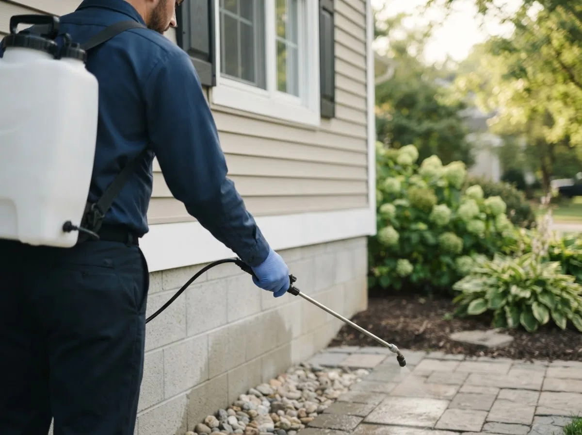 Pest control technician inspecting a home in Paxico, KS